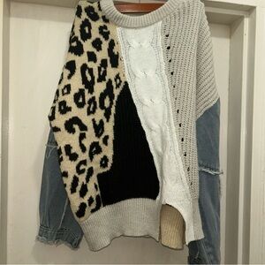 BiBi Leopard Patchwork Sweater - Cream, Black, Gray, Blue